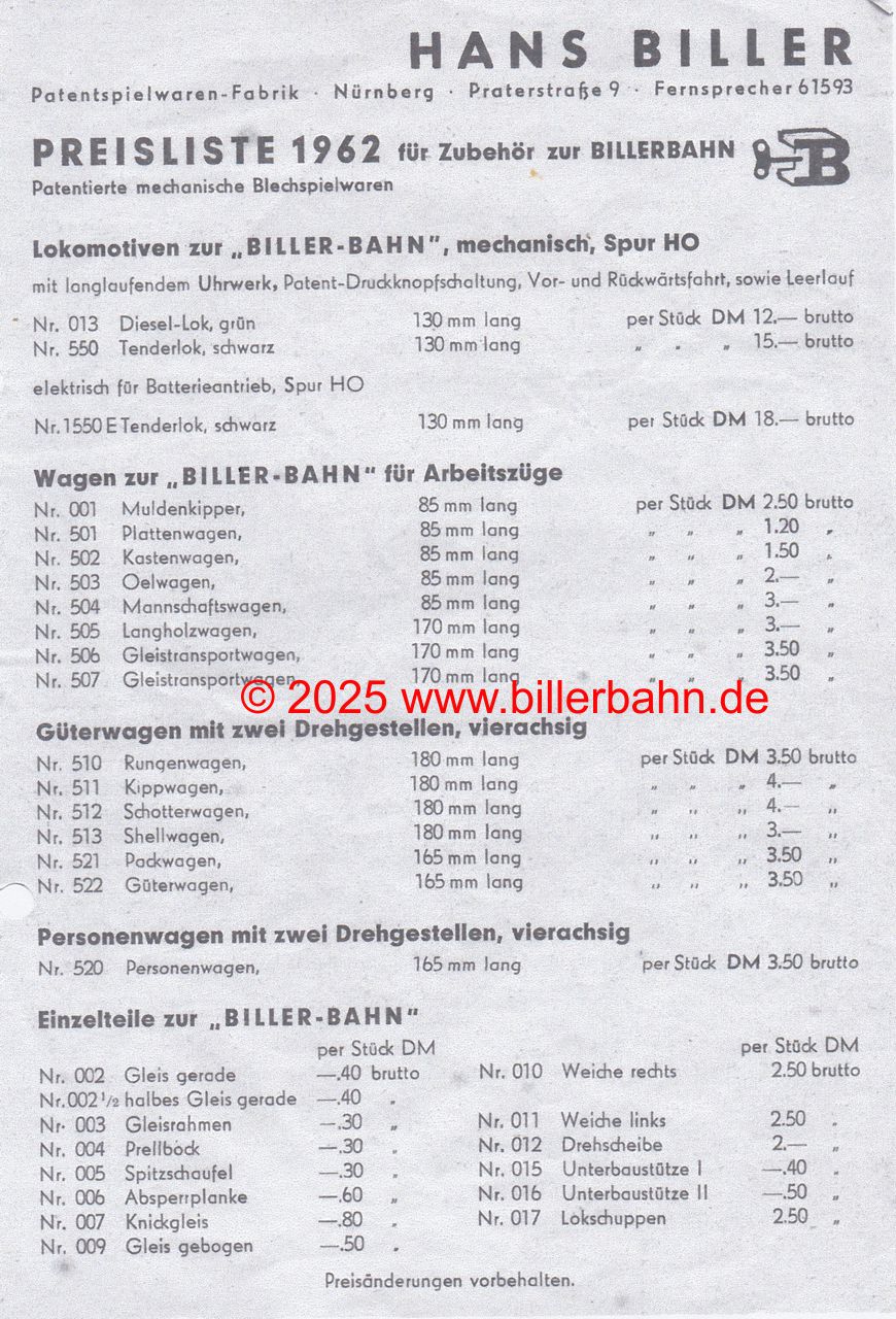 Price list 1962 - "accesories" only